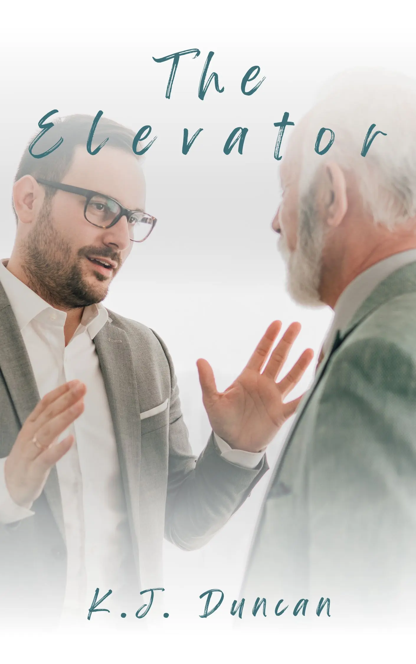 The elevator book cover, older man and younger man